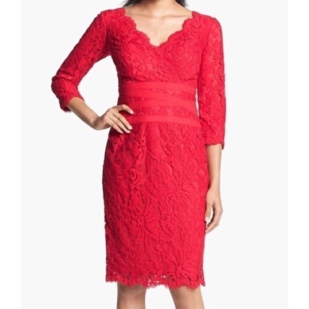 Tadashi Shoji red lace Amy sheath dress